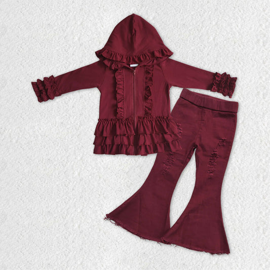 Baby Girls Wine Ruffle Hooded Top Denim Bell Pants Clothes Sets