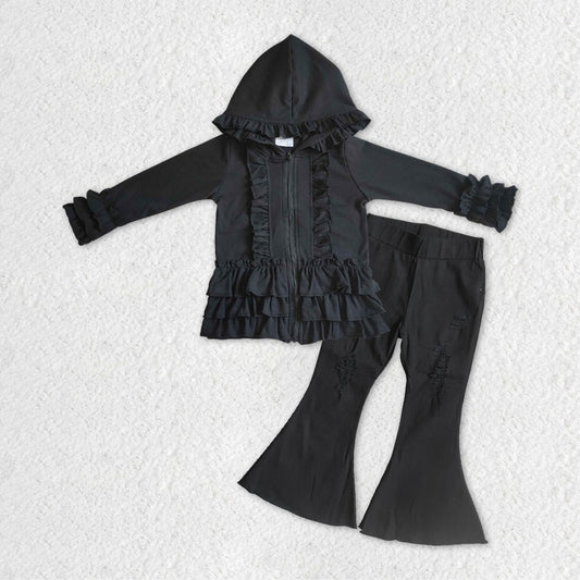 Baby Girls Black Ruffle Hooded Top Denim Bell Pants Clothes Sets