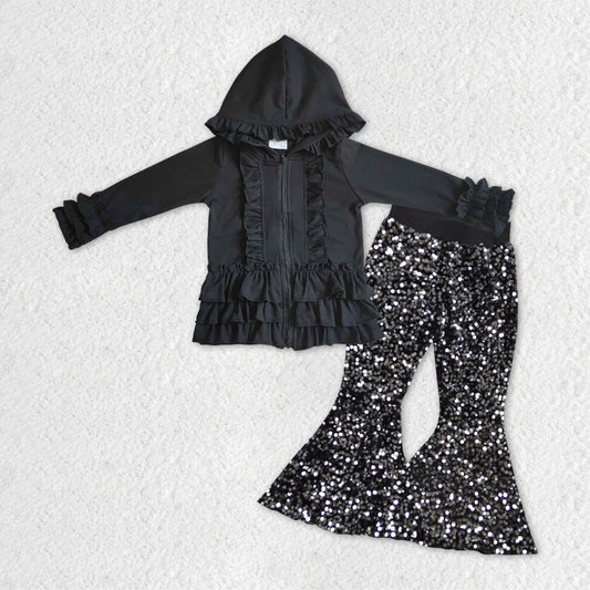Baby Girls Black Ruffle Hooded Top Sequin Bell Pants Clothes Sets