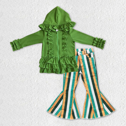 Baby Girls Green Ruffle Hooded Top Stripes Denim Bell Pants Clothes Sets