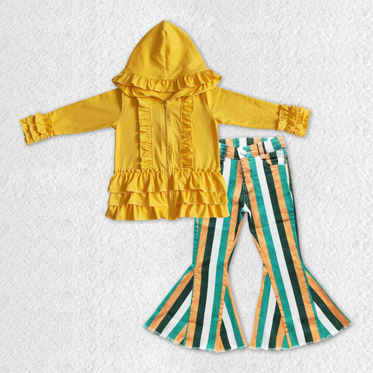 Baby Girls Mustard Ruffle Hooded Top Stripes Denim Bell Pants Clothes Sets