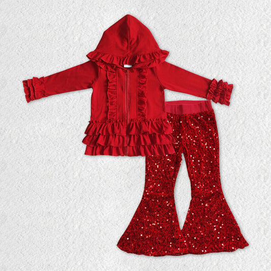 Baby Girls Red Ruffle Hooded Top Sequin Bell Pants Clothes Sets