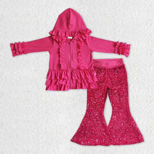 Baby Girls Dark Pink Ruffle Hooded Top Sequin Bell Pants Clothes Sets