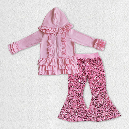 Baby Girls Pink Ruffle Hooded Top Sequin Bell Pants Clothes Sets