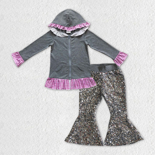 Baby Girls Grey Hooded Top Sequin Bell Pants Clothes Sets
