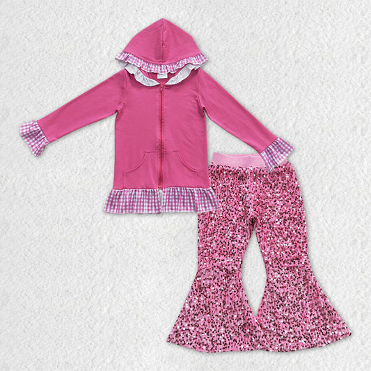 Baby Girls Pink Hooded Top Sequin Bell Pants Clothes Sets