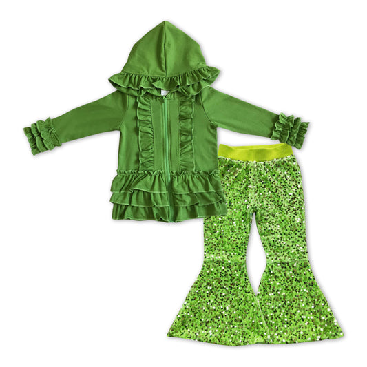 Baby Girls Green Ruffle Jackets Top Sequin Pants Clothes Sets