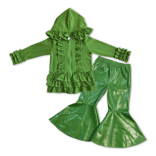 Baby Girls Green Ruffle Jackets Top Flare Leather Pants Clothes Sets