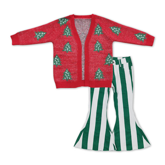 Preorder Baby Girls 2pcs Christmas Tree Cardigan Sweaters Stripes Denim Pants Sets