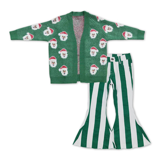 Preorder Baby Girls 2pcs Christmas Green Santa Cardigan Sweaters Stripes Denim Pants Sets