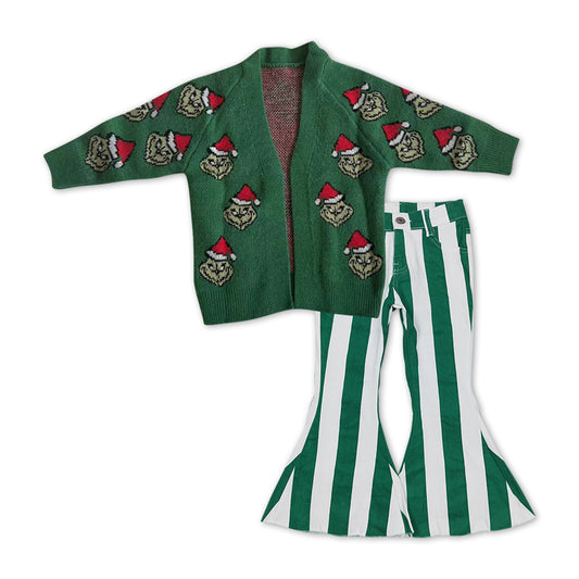 Preorder Baby Girls 2pcs Christmas Frog Cardigan Sweaters Stripes Denim Pants Sets