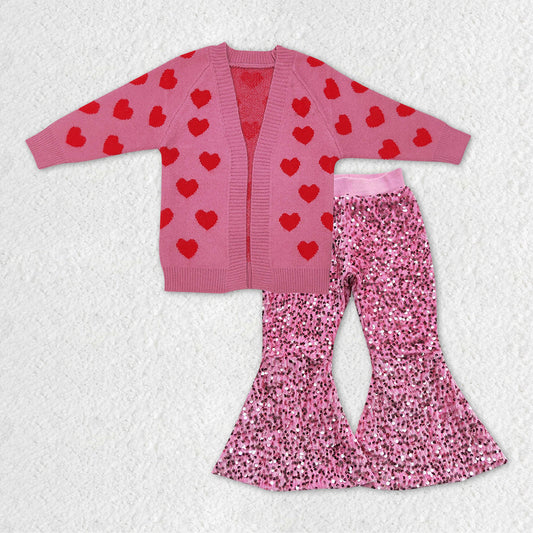 Baby Girls 2pcs Valentines Hearts Cardigan Sweaters Pink Sequin Flare Pants Sets