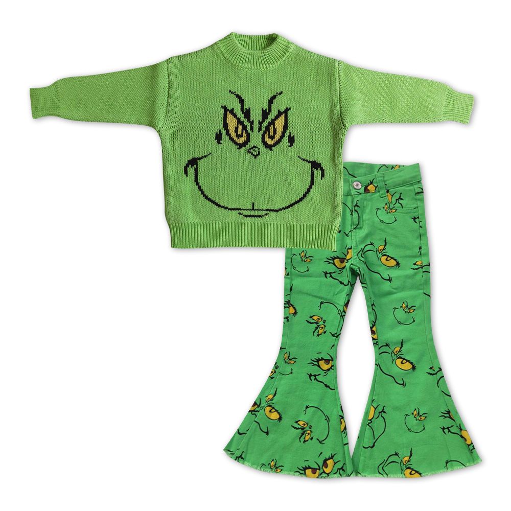 Baby Girls 2pcs Green Face Christmas Sweaters Denim Bell Pants Sets