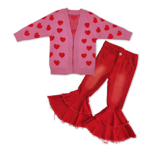 Baby Girls 2pcs Valentines Hearts Cardigan Sweaters Red Denim Pants Sets