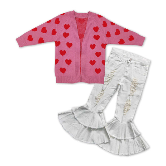 Baby Girls 2pcs Valentines Hearts Cardigan Sweaters White Denim Pants Sets