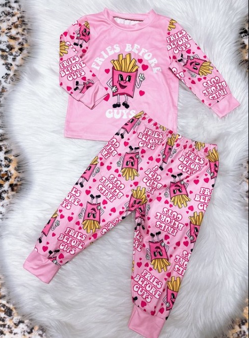 Baby Girls Pink Valentines Chips Fries Shirt Pants Pajamas Clothes Sets Preorder