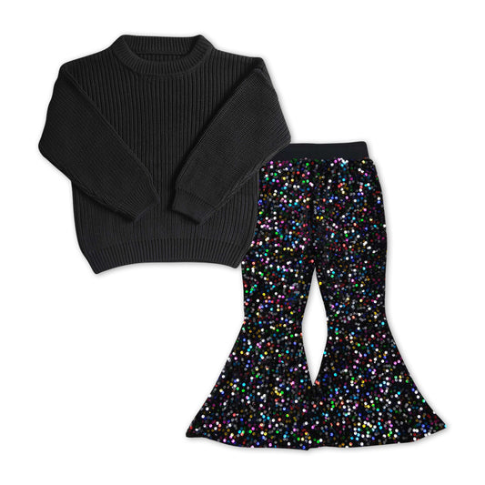 Baby Girls Black Sweaters Sequin Colorful Bell Pants Clothes Sets