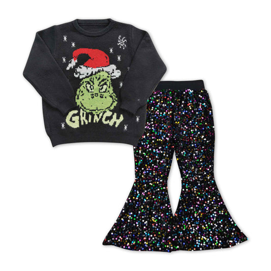 Baby Girls Black Frog Sweaters Sequin Colorful Bell Pants Clothes Sets