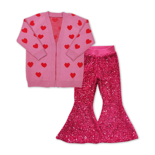 Baby Girls 2pcs Valentines Hearts Cardigan Sweaters Dark Pink Sequin Flare Pants Sets
