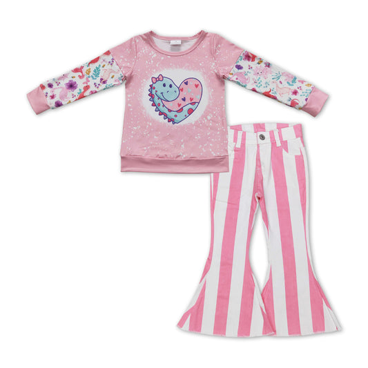 Baby Girls Dinosaur Valentines Tee Shirts Pink Stripes Bell Pants Clothes Sets
