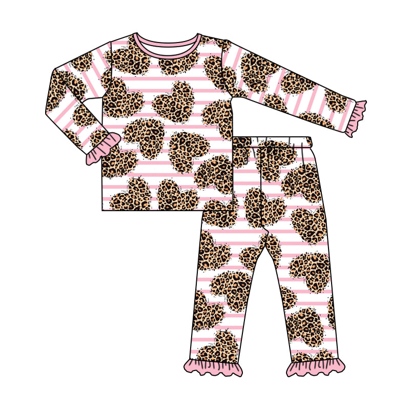 Baby Girls Pink Stripes Leopard Hearts Top Pants Pajamas Outfits Clothing Sets Preorder