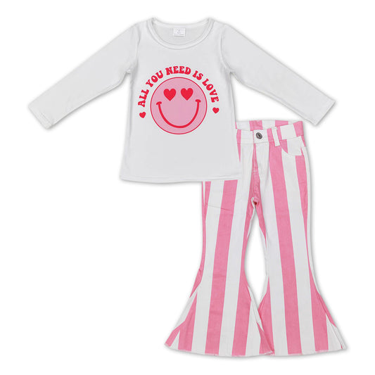 Baby Girls Toddler Valentines Smile Top Pink Stripes Denim Pants Jeans Clothes Sets