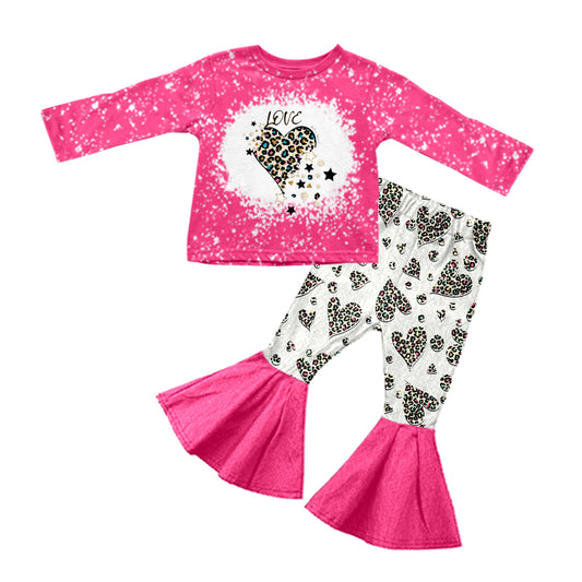 Baby Girls Love Hearts Leopard Top Bell Pants Clothes Sets Preorder