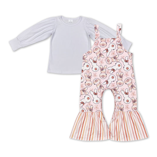 Baby Girls White Shirts Easter Rabbit Bell Bottom Jumpsuits Clothing Sets