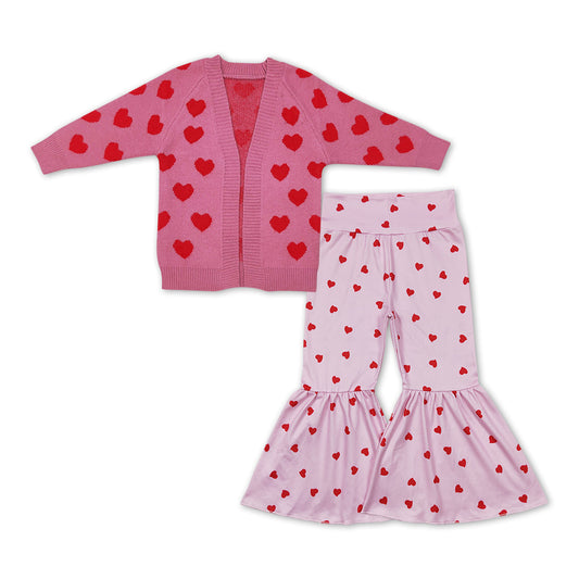 Baby Girls 2pcs Valentines Hearts Cardigan Sweaters Bell Flare Pants Sets