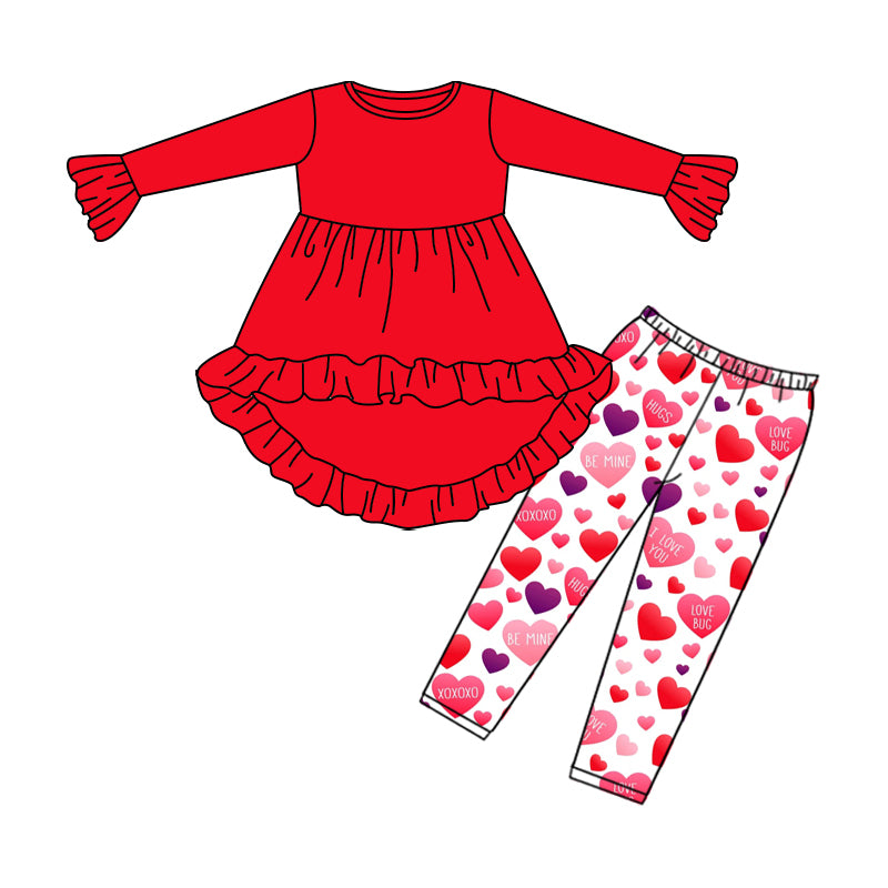 Baby Girls Valentines Red Hi-low Tunic Top Hearts Legging Clothes Sets Preorder