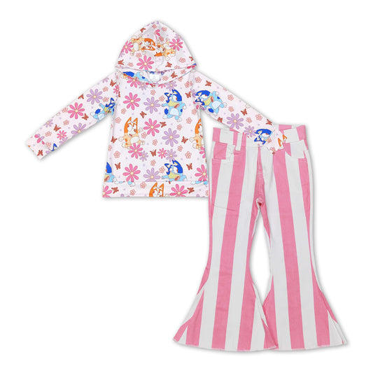 Baby Girls Dog Hooded Top Pink Stripes Jeans Bell Denim Pants 2pcs Clothing Sets