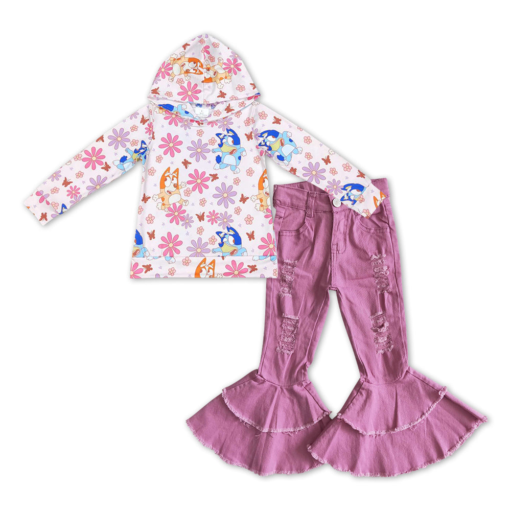 Baby Girls Dog Hooded Top Purple Jeans Bell Denim Pants 2pcs Clothing Sets