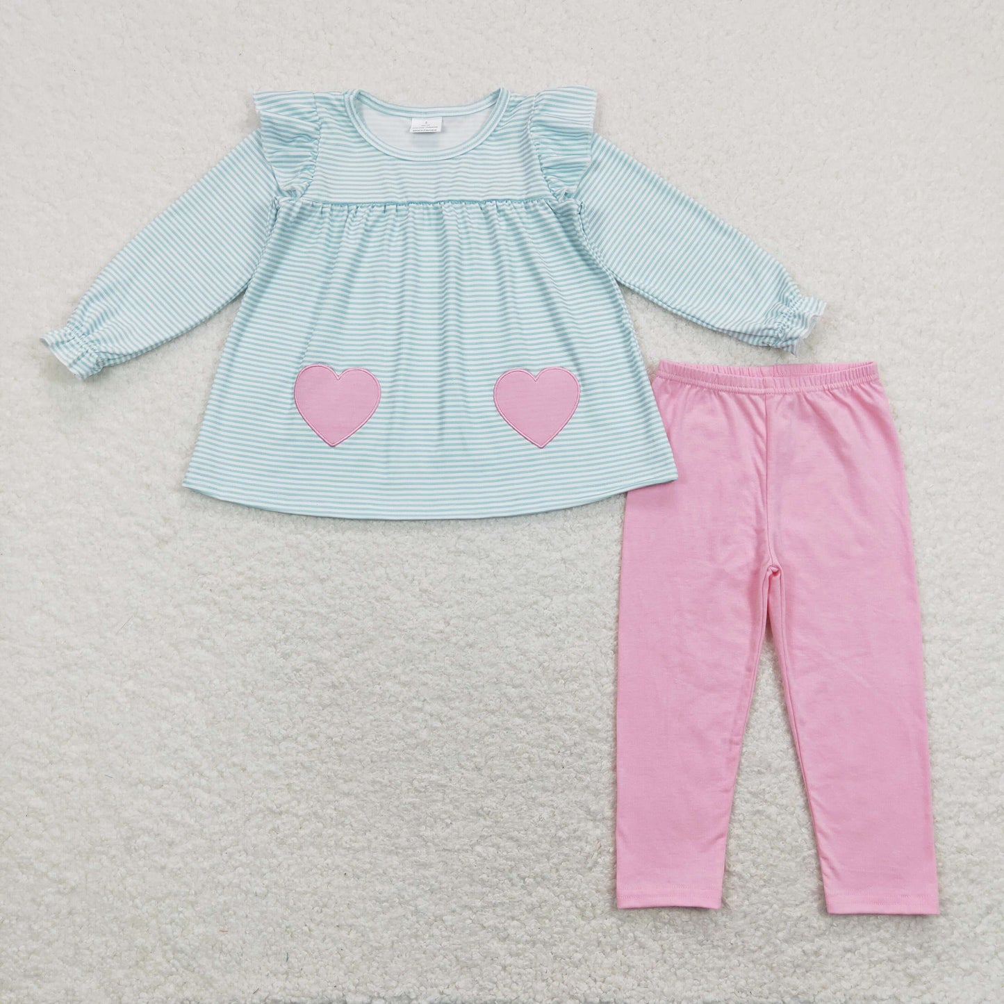 Sibling Baby Girls Embroidery Hearts Pockets Stripe Tunic Legging Pants Valentines Clothes Sets