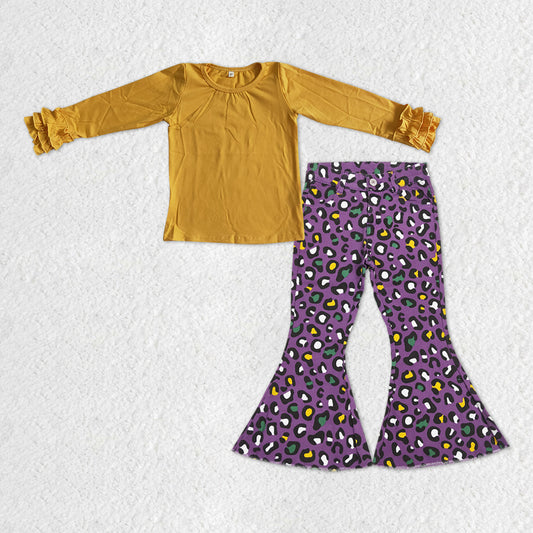 Baby Girls Mardi Gras Muard Tee Shirts Leopard Dots Jeans Bell Pants Clothes Sets