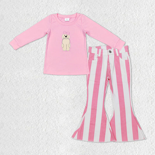 Baby Girls Pink Dog Cotton Shirt Pink Stripes Denim Jeans Pants Clothes Sets