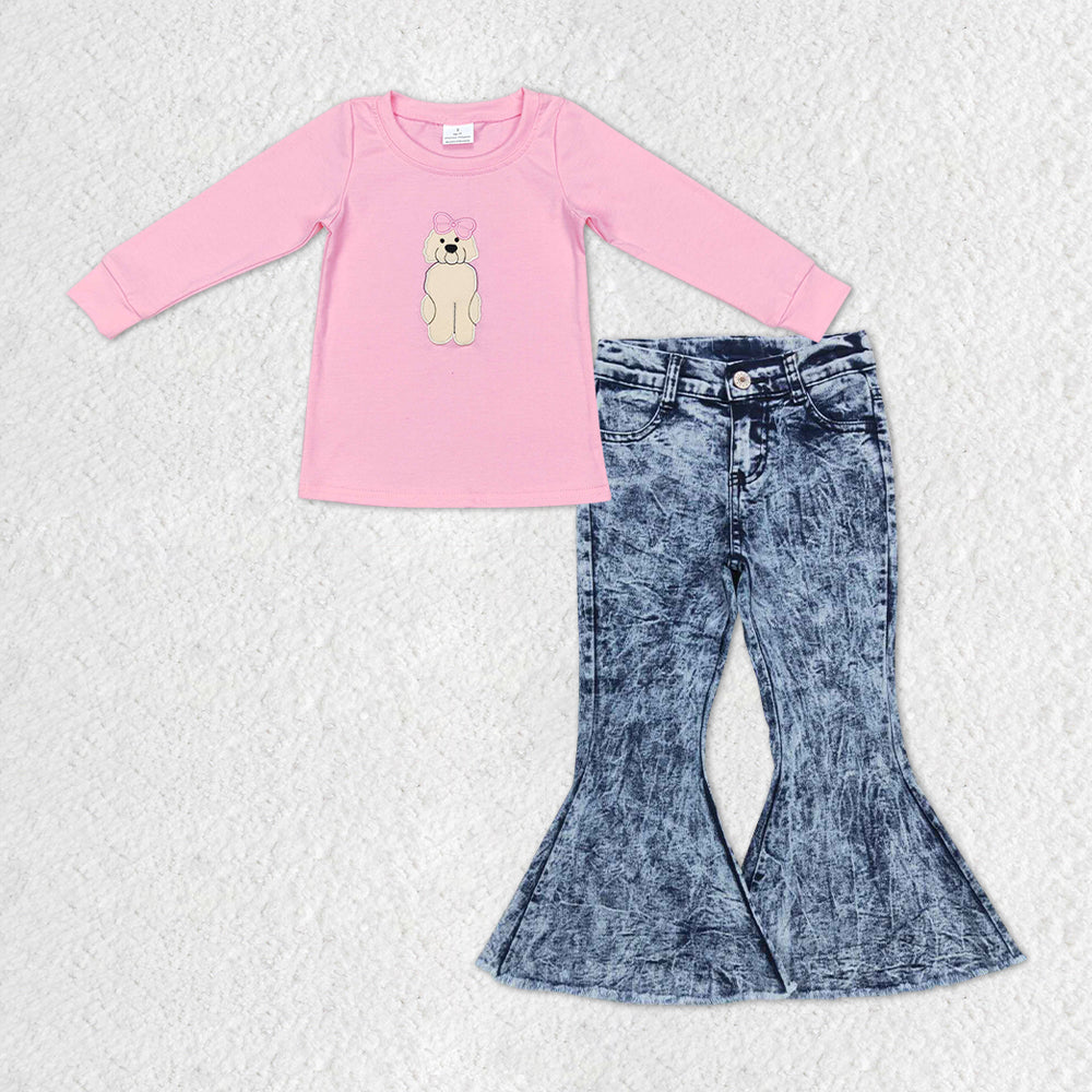 Baby Girls Pink Dog Cotton Shirt Navy Denim Jeans Pants Clothes Sets