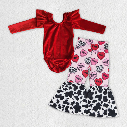 Baby Girls Red Velvet Romper Valentines Hearts Howdy Bell Pants Clothes Sets