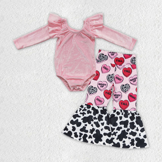 Baby Girls Pink Velvet Romper Valentines Hearts Howdy Bell Pants Clothes Sets