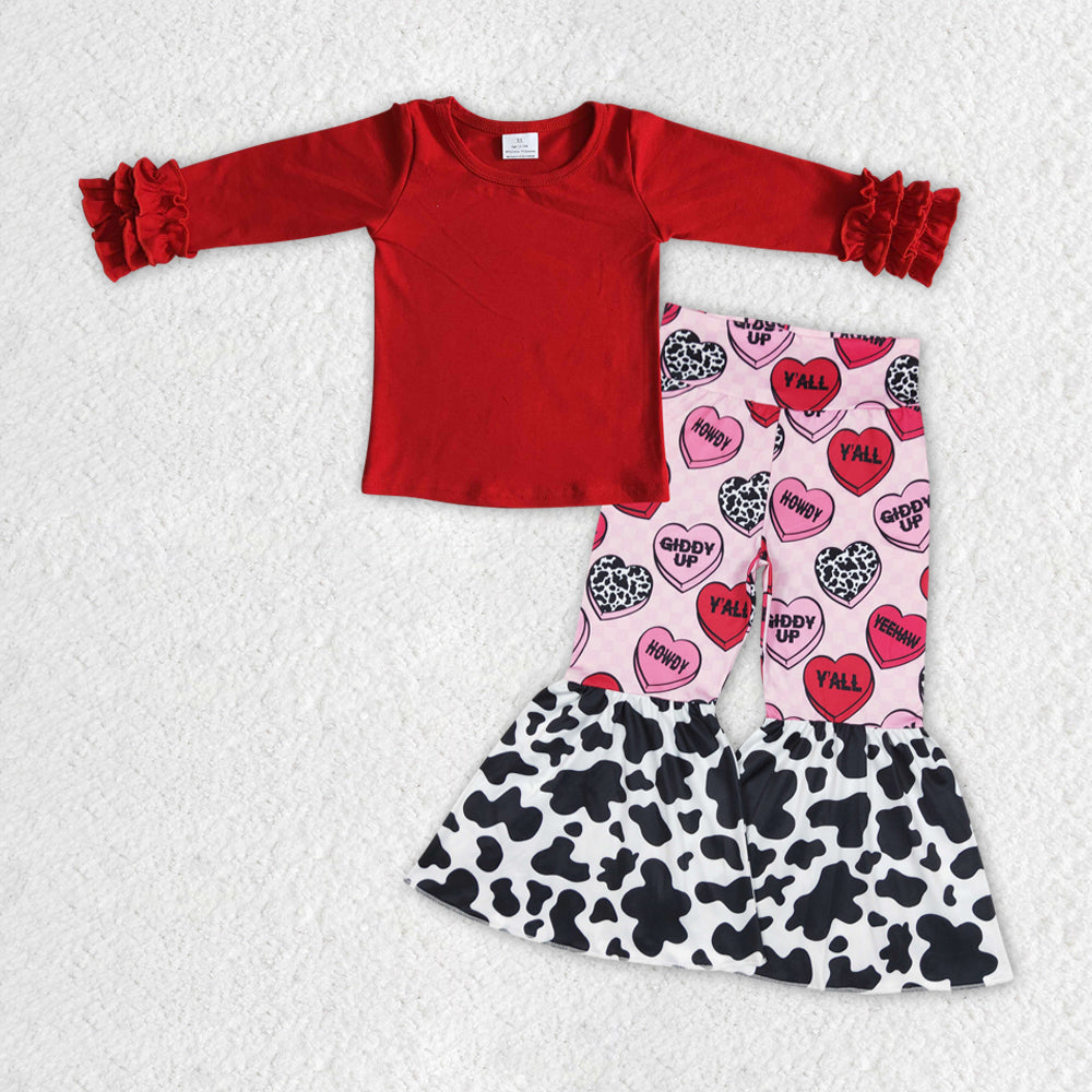 Baby Girls Western Red Top Valentines Howdy Bell Pants Outfits Clothes Sets