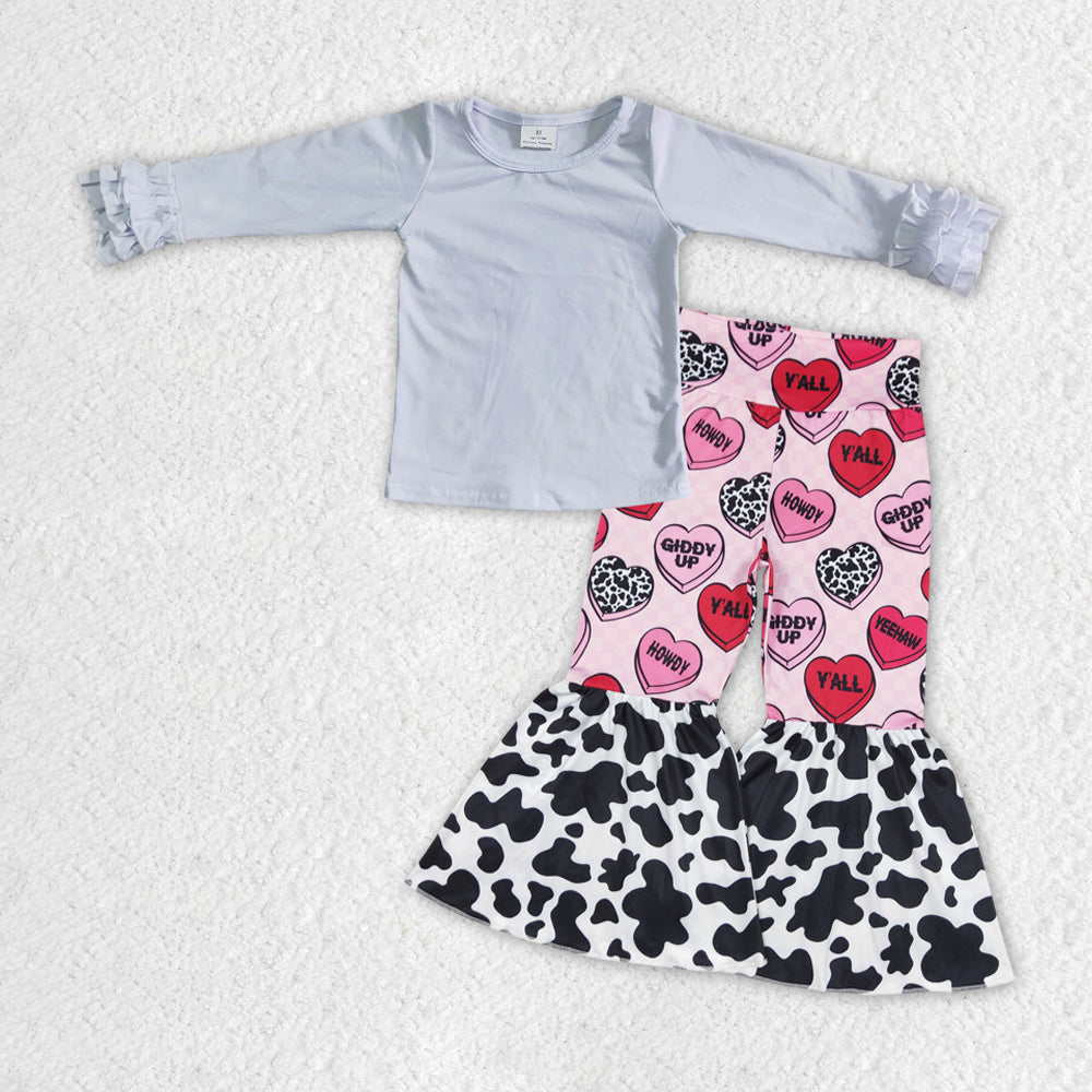 Baby Girls Western White Top Valentines Howdy Bell Pants Outfits Clothes Sets