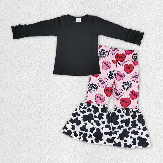 Baby Girls Western Black Top Valentines Howdy Bell Pants Outfits Clothes Sets