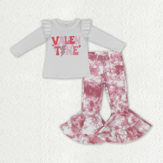 Baby Girls Valentines Long Sleeve Shirt Pink Tie Dye Bell Denim Jeans Pants Clothes Sets