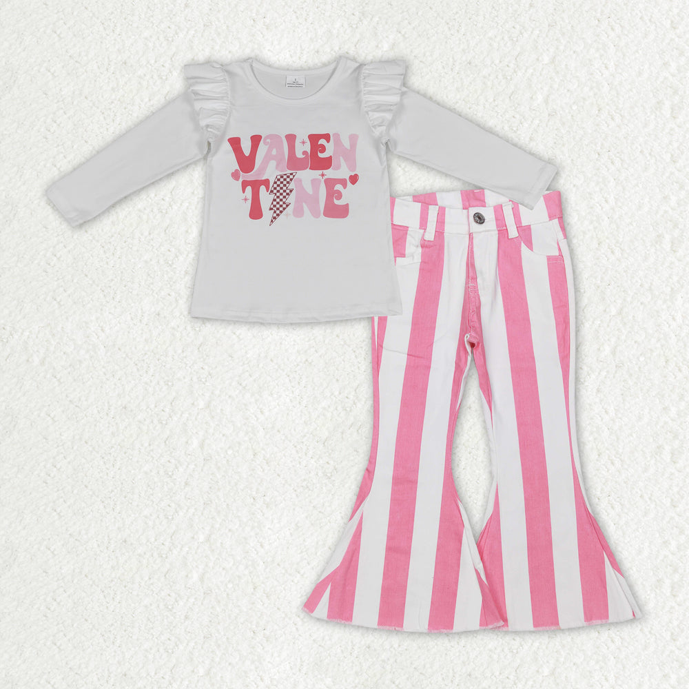 Baby Girls Valentines Long Sleeve Shirt Pink Stripes Bell Denim Jeans Pants Clothes Sets