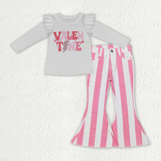 Baby Girls Valentines Long Sleeve Shirt Pink Stripes Bell Denim Jeans Pants Clothes Sets