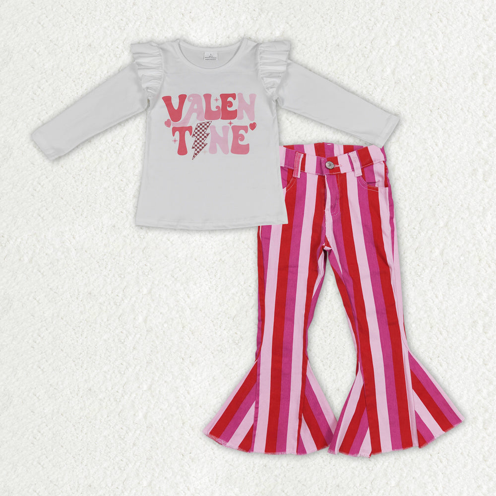 Baby Girls Valentines Long Sleeve Shirt Stripes Bell Denim Jeans Pants Clothes Sets