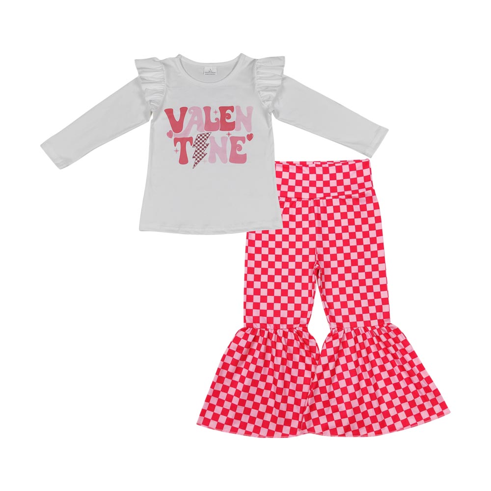 Baby Girls Valentines Long Sleeve Shirts Pink Checkered Bell Pants Clothes Sets