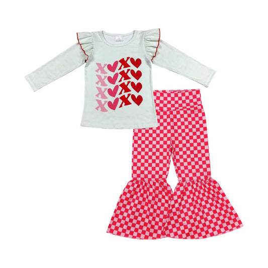 Baby Girls Valentines XOXO Long Sleeve Shirts Pink Checkered Bell Pants Clothes Sets