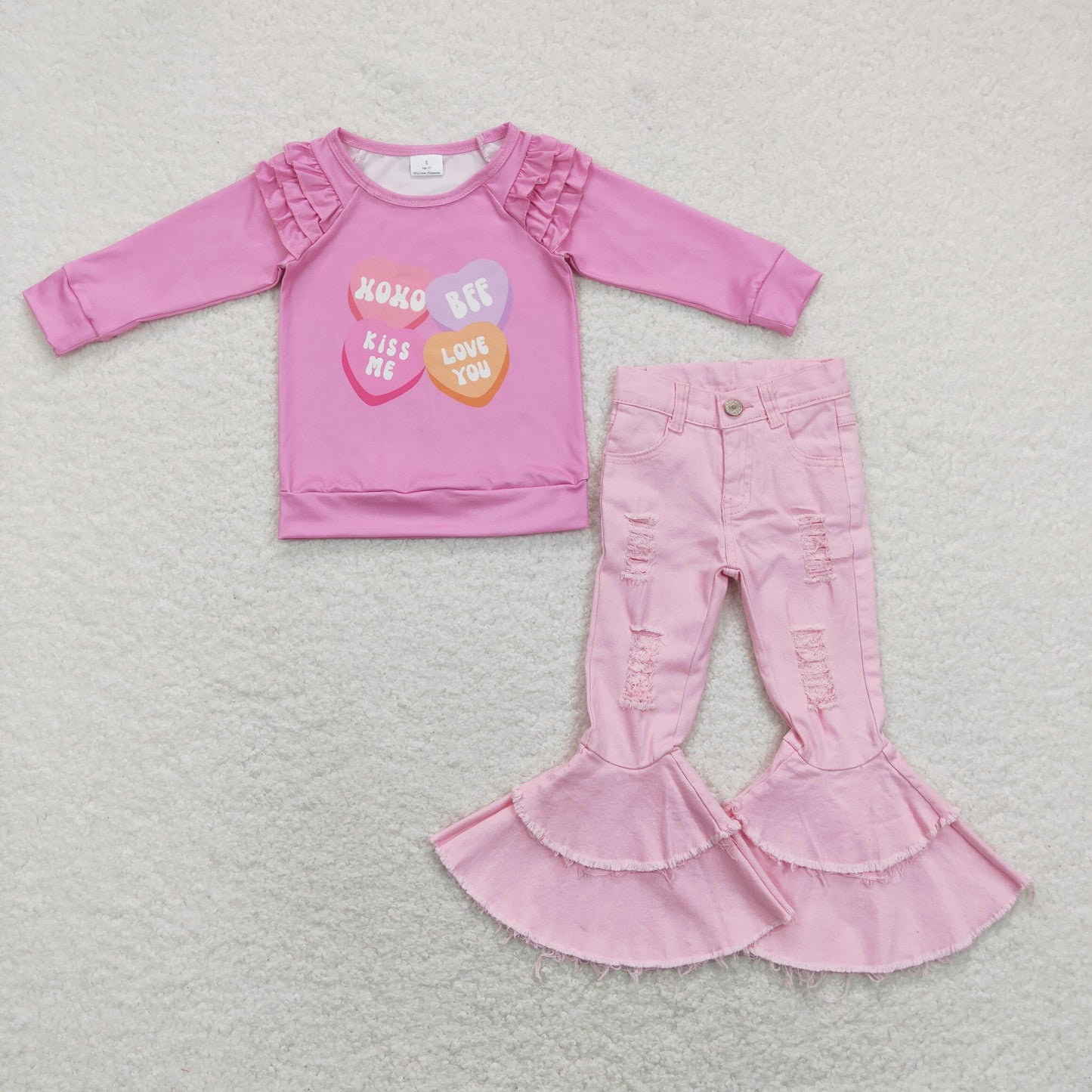 Baby Girls Valentines XOXO Shirt Pink Bell Denim Jeans Pants Clothes Sets