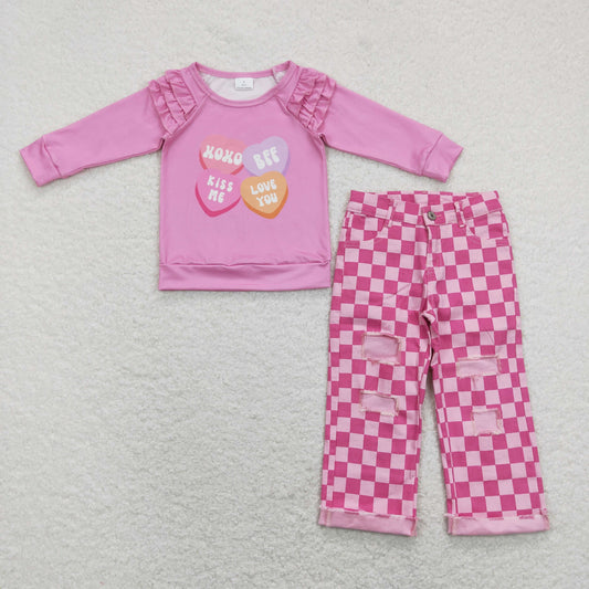 Baby Girls Valentines XOXO Shirt Pink Checkered Denim Jeans Pants Clothes Sets