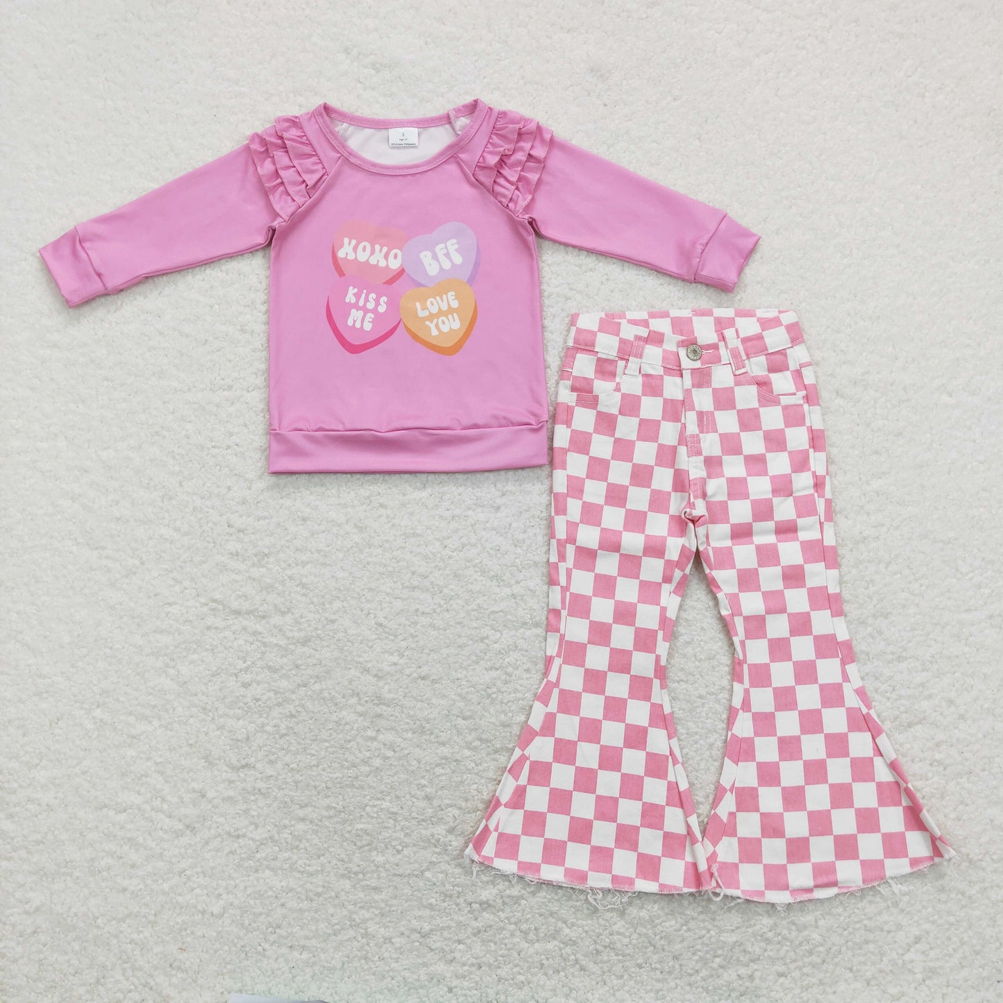 Baby Girls Valentines XOXO Shirt Checkered Pink Bell Denim Jeans Pants Clothes Sets